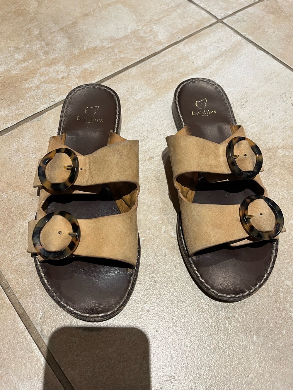 Bobbies Paris - Double-Buckle Slide Sandals in Tan with Tortoiseshell Accents